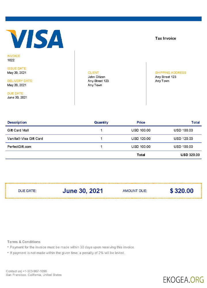 Modèle de facture Visa USA